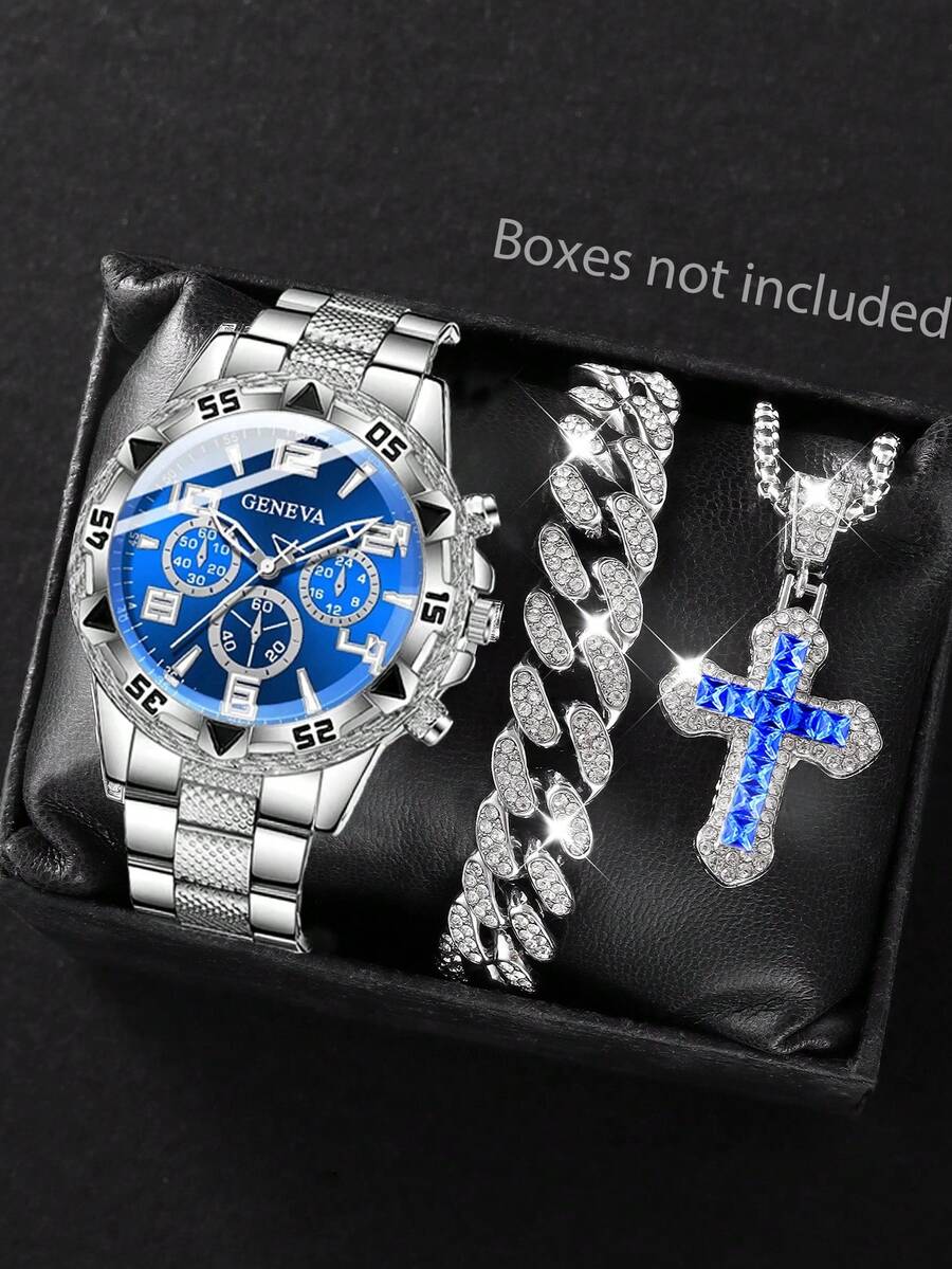 1 Set Reloj de cuarzo oversize para hombre, pulsera cubana clásica y collar con colgante de cruz, con diseño de esfera numérica de cuarzo con correa de silicona, accesorios adecuados para uso diario, fiestas, reuniones, gran regalo para el padre, cumpleaños