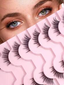 ENCHUW 8 Pairs Half Lashes Clear Band Soft Natural Wispy Cat Eye Faux Mink Lashes Makeup Volume Fluffy Half Eye False Eyelash - Black - View 1