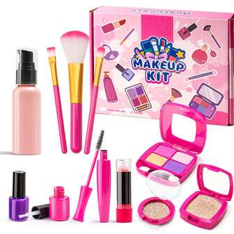 11pcs/Set Realistic Children's Pretend Makeup Toy Set, Including 3pcs Makeup Brushes, 2pcs Nail Polish, 1pc Lotion Bottle, 1pc Lipstick, 1pc 4-Color Eyeshadow, 1pc Square Eyeshadow, 1pc Round Eyeshadow, 1pc Mascara, Suitable For Kids Makeup Play, Simulating Mom's Makeup Scene, Great Birthday Gift For Little Girls