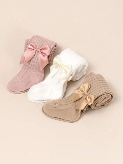 3pcs/Pack Girls' Elastic Fitted Solid Color Bow Leggings, Spring/Summer/Autumn