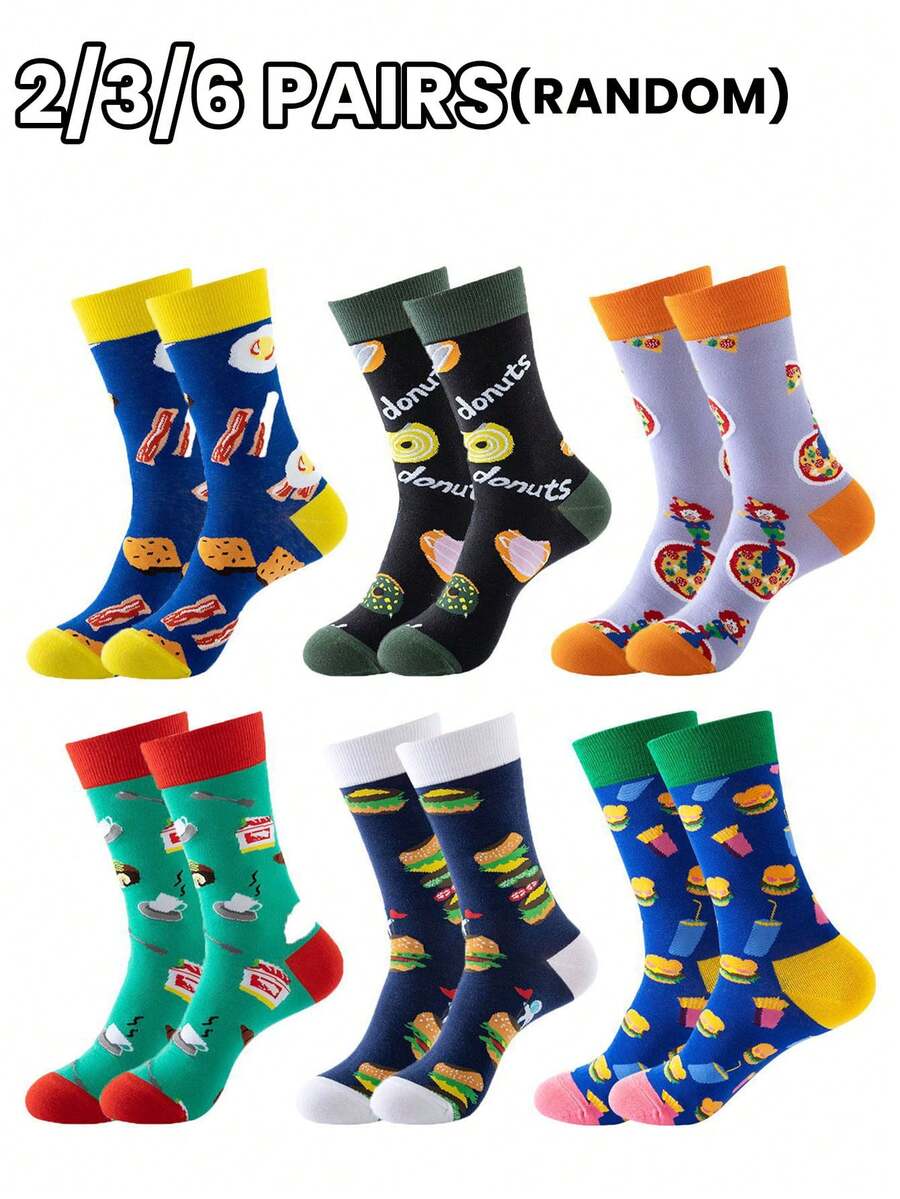 2/3/6 Pairs Random Fashionable Versstile Creative AB Asymmetrical High Top Socks With Cartoon Animal, Tool, And Character Patterns - Multicolor - View 1