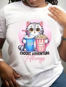 Plus Size Women's Cartoon Cat & Soda Popcorn Graphic Crew Neck Short Sleeve Casual Pure Cotton 180g T-Shirt - White - View 6