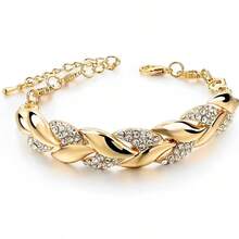 樹葉手鍊歐美時尚新娘首飾女款水鑽鑲嵌手鍊 - 金黃色 - 查看 6
