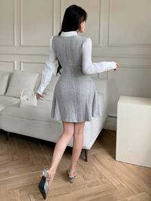 abyoxi Đầm ngắn dáng chữ A ôm sát, màu xám, cổ áo sơ mi phối hai mảnh, kiểu dáng thanh lịch, thích hợp cho công sở, đi làm, mùa xuân thu. - Màu Xám nhạt - Xem 2