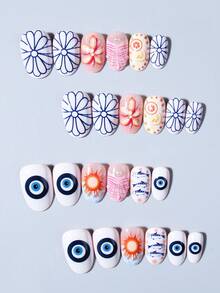 Bộ 24 miếng dán móng tay gel 3D hình oval ngắn, họa tiết hoa, vỏ sò, ngọc trai giả, kiểu móng Pháp, độ dài ngắn vừa vặn hoàn hảo, bộ móng giả acrylic bao gồm: 1 miếng gel dẻo và 1 dũa móng, kiểu móng Pháp, móng mùa hè, phù hợp cho phụ nữ đi làm hàng ngày, dự tiệc, v.v. Dụng cụ làm móng - Nhiều màu - Xem 3
