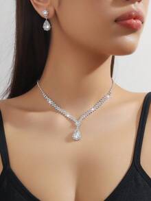 3pcs/Set Water Drop Bridal Women's Fashion Crystal Necklace Earrings, Luxury Jewelry Set Suitable For Wedding Birthday Gifts, Parties. - Multicolor - View 9