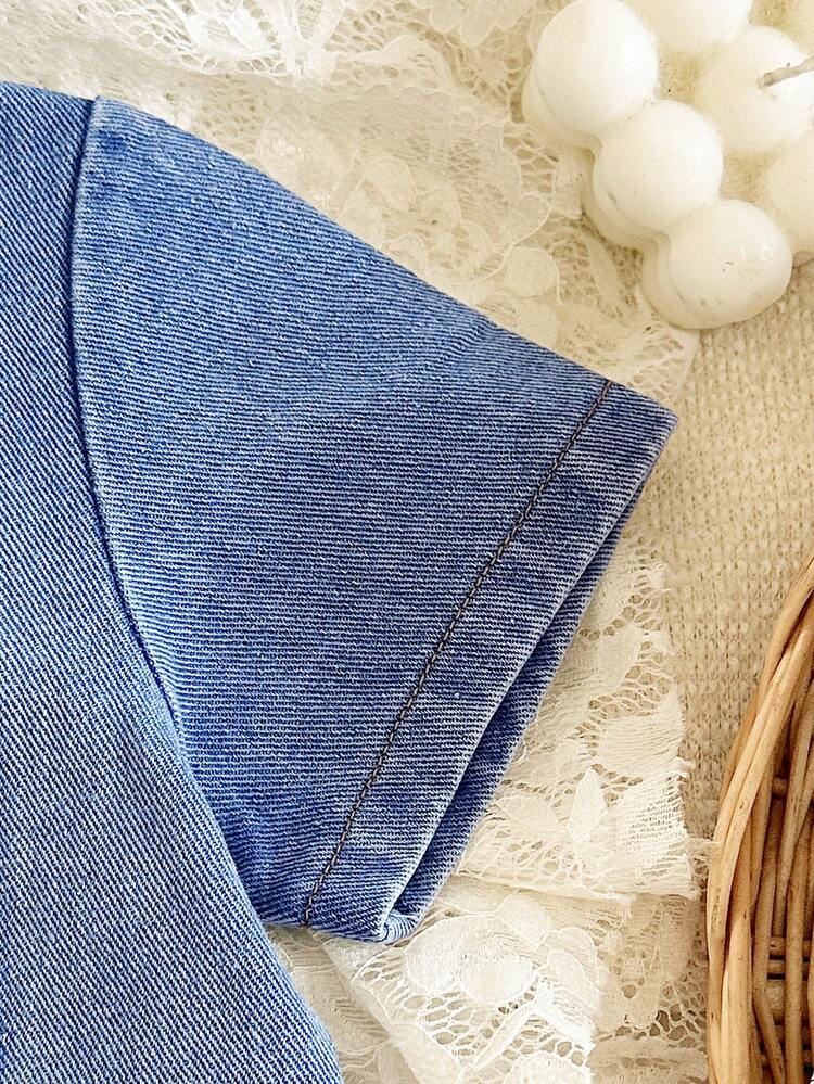 Newborn Baby Boys' Summer Denim Romper, Collared Single-Breasted + Bear Decor Pocket, Comfortable Breathable Fashion Versatile - Suitable For Casual Daily/Outdoor/Gift - Blue - View 6