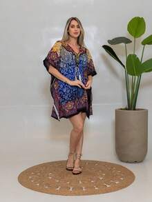 KIARA BRAZIL Women's Short Printed Boho Chic Dress | Loose Kaftan With Tie And V-Neck – Summer - AE-25111 - Màu xanh lam - Xem 2