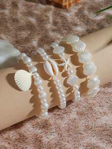 4 件时尚人造珍珠、海星和贝壳装饰夏季手链 - 白色 - 查看 3