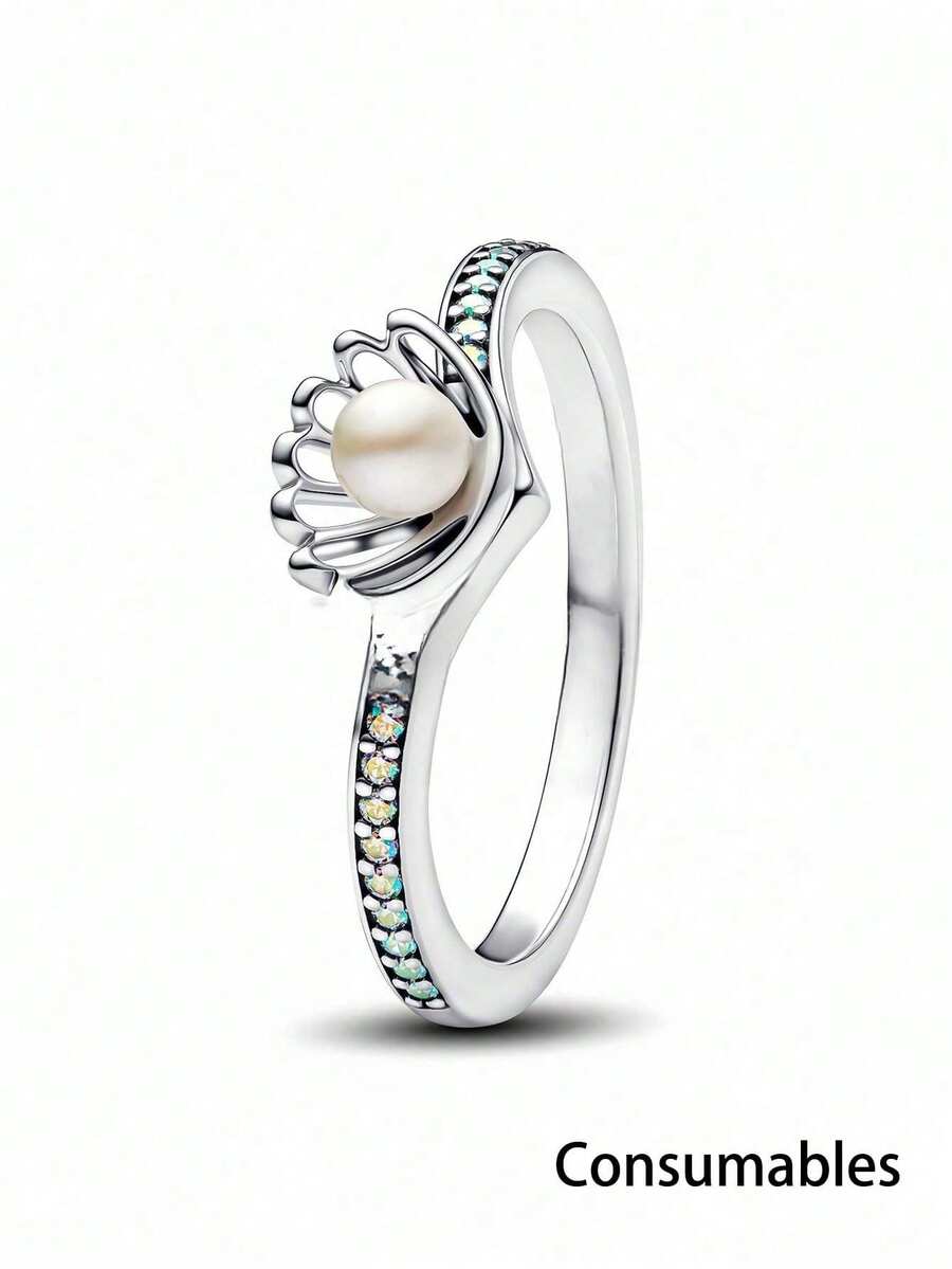 1枚情人节主题浪漫珍珠贝壳戒指，银色单指戒指，女士款，优雅个性日常佩戴，送给女友的礼物，情人节礼物（消耗品）（提示：由于光线和拍摄角度的原因，实物与图片可能存在轻微色差） - 銀色戒指 - 查看 1
