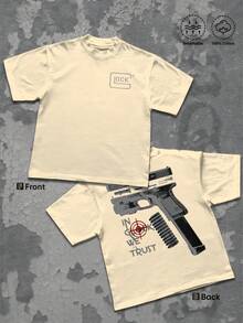 Tactical Graphic 220g T Shirt 1pcs Streetwear 100% Cotton Y2K Swag Men Clothes, Vintage Sade Double Sided Graphic TShirt, Gun Illustration Digital Printed T Shirt Gifts For Men - 杏色 - 查看 8