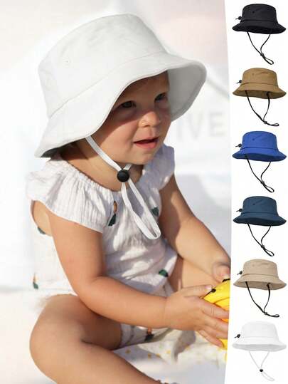 1pc UPF 50+ Kids Sun Protection Bucket Hat, Adjustable Chin Strap, Breathable Summer Hat, Suitable For 2-5 Years Old Boys And Girls, Great For Beach Play, Outdoor Travel, Lightweight Toddler Cap