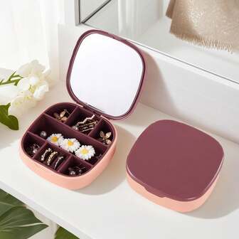 1 st smyckeslåda med spegel för kvinnor, kompakt displayfodral för ringar, örhängen och armband (rosa lila), lämplig för hemmet och resor