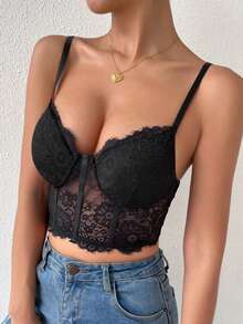 Vexica Women's Casual Black Lace Camisole, Sheer Knit Fabric, Thin Spaghetti Straps - Black - View 10