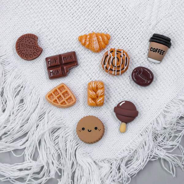 10pcs/Set Chocolate Biscuit, Coffee Bean, Bread Dessert Food Shoe Charms, Cute Girly Style, Outdoor Shoes Boots Decor Accessories, Detachable Button Decorations, Fun DIY Shoe Accessories, Suitable For Men&Women, Girls Clogs Decoration