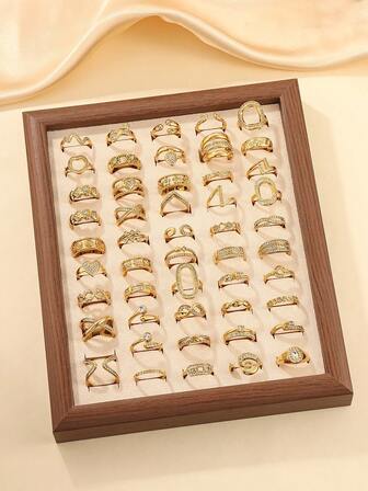 Juego surtido de 6 piezas/8 piezas/12 piezas/16 piezas/24 piezas/30 piezas/36 piezas de anillos abiertos vintage glamorosos de acero inoxidable dorado, incrustados con múltiples pequeños diamantes blancos, adecuados para uso diario de mujeres o como regalo