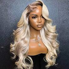 欧洲假发，适合白人女性，深色发根渐变金灰金色；越南蕾丝前额假发，适合女性，13x4 超高清透明蕾丝前额假发；真人发，自然波浪蕾丝假发；渐变灰金色挑染假发，适合女性，预先拔毛，180% 密度，24 英寸渐变色沙滩波浪蕾丝前额假发
