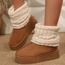 Short Knit Cuff Snow Boots Faux Furry Boot Upper Platform Sole Warm Lining Warm Boots Shoes Snow Boots Ankle Boots Outdoor Winter Boots For Women - 棕色 - 查看 6
