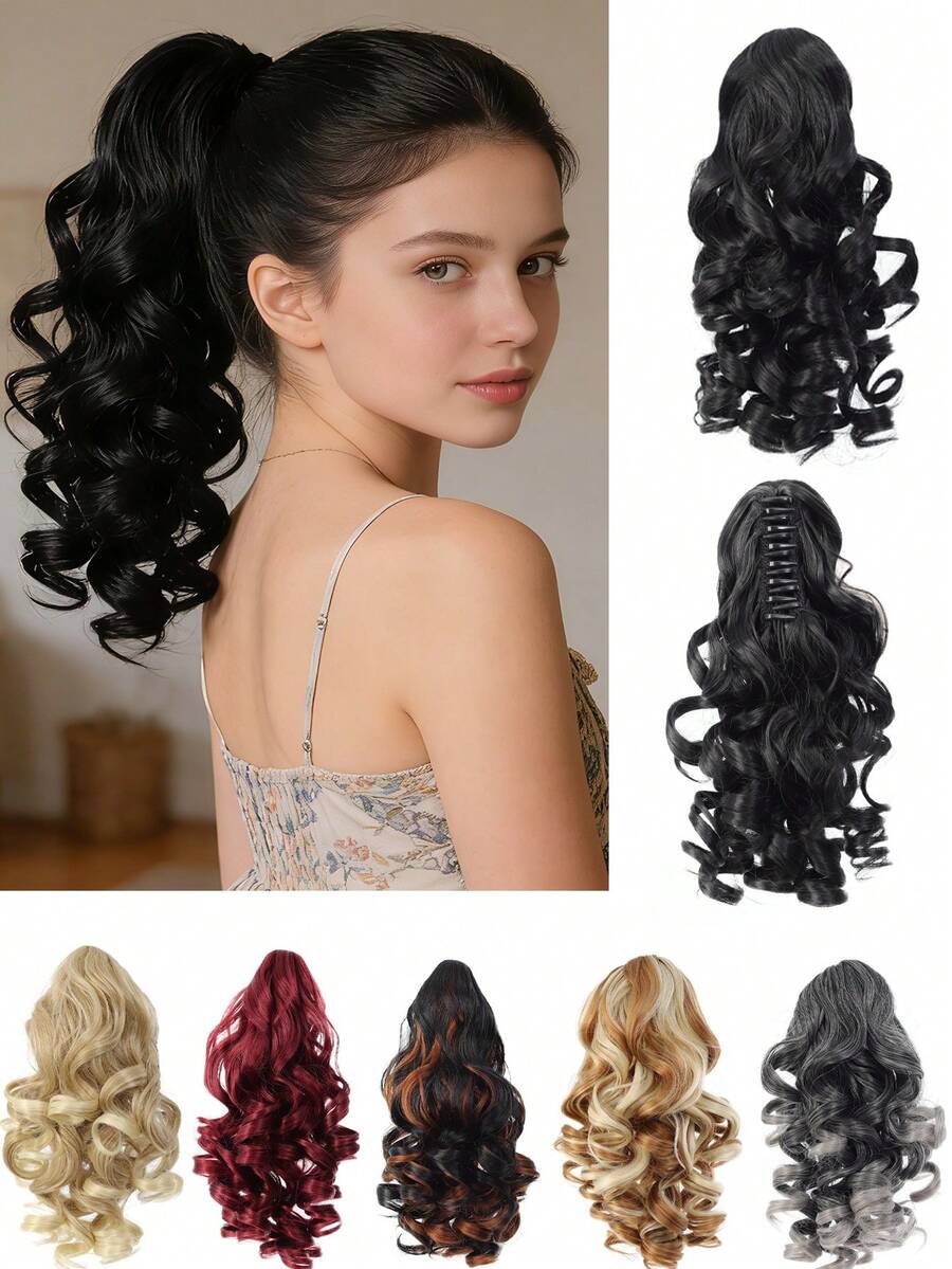 1pc Synthetic Fiber Wavy Ponytail Hair Claw Clip, Natural Looking Roman Curl Short Ponytail Hair Extension