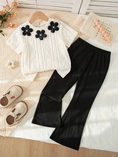 2pcs/Set Young Girls Summer New Floral Decor Jacquard Knit Solid Color Short Sleeve Round Neck Top + Solid Color Slim Fit Pants Set