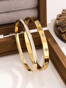 Luxury Sparkling Four-Leaf Clover Zirconia Stainless Steel Women Bracelet, Suitable For Multiple Occasions - Yellow Gold - View 9