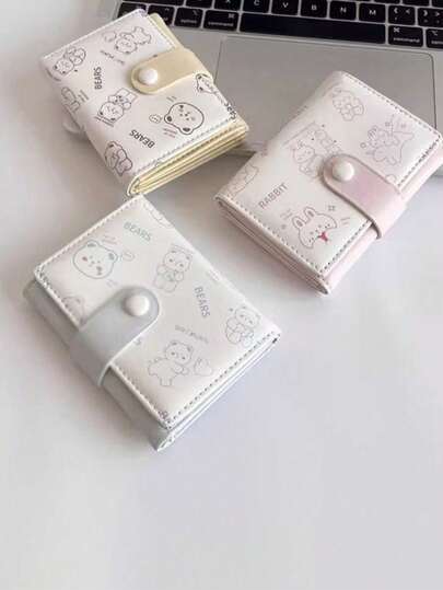 1个小猫图案按扣短款女士钱包，带按扣和拉链，可装硬币和卡片 - 多隔层零钱包/卡包 - 大容量零钱包 - 便携式卡包，适合女性，迷你钱包，小钱包，可爱钱包，送礼佳品。