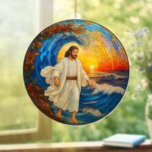 1/3 pièces Ornement décoratif coloré en acrylique de Jésus marchant sur l'eau, ornement à suspendre pour voiture, décoration religieuse chrétienne, cadeau inspirant pour hommes et femmes, porte-clés, accessoire de sac à dos, 2D - Fil multicolore-doré - Voir 11