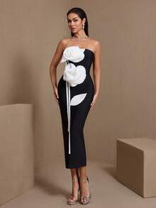 Contrast Color Elegant Women's Party Bandage 3D Floral Zipper Formal Evening Holiday Dress Wedding Fall - Black and White - View 8