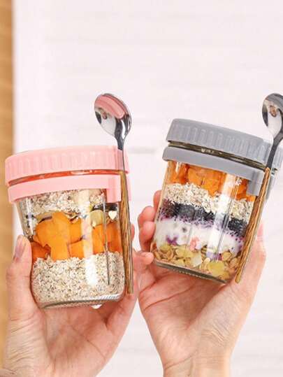 1pc Overnight Oats Container With Lid & Spoon - Portable Breakfast Milk Cup, Large Capacity Sealed Jar For Water, Milk, Cereal, Beverages, Fruits, Glass Salad/Yogurt Cup For Women With Lid, Mason Jar For Instant Cereal, Graduated Vegetable Fruit Salad Storage Container, Back To School Gift, Women Gift, Birthday Gift