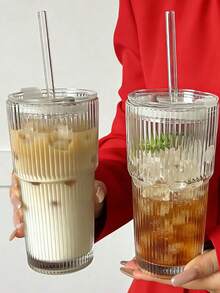 1pc Premium Vertical Striped Straw Lid Glass Cup - Large Capacity Glass Drinking Cup, Suitable For Coffee, Tea, Iced Americano And Latte | Home Milk Cup - Multicolor - View 11