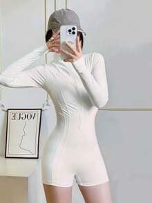 Women's Long Sleeve Modest Quick-Dry Swimsuit, White Sports One-Piece Competitive Swimming Suit, Suitable For Fitness Swimming - White - View 6
