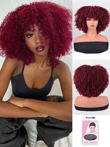 Short Afro Kinky Curly Wig With Bangs For Women High Temperature Synthetic Hair Wig Curly Afro Wigs For Women - Curly Afro Wigs Black Wig For Women Brown Gold Gradient 12 Inch Replacement Wigs Party Use Natural Black Hair Carnival Cosplay Wigs - 酒紅色 - 查看 2