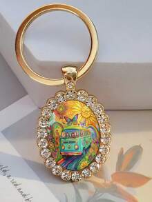 1pc Retro Hippie Truck Pattern Oval Keychain, Vibrant 1960s Design: Peace Sign, Smiling Face, Sun, Moon, Butterfly And Flower, Suitable For Keys, Bags, Birthday, Christmas, Halloween - Gold - View 4