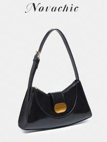 Novachic，极简设计，复古黑色搭扣装饰，女士休闲拉链新月包，腋下包。女士高端通勤款，可调节肩带斜挎包。 - 黑色 - 查看 2
