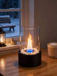 1个迷你便携式无烟生物乙醇壁炉，现代黑色金属桌面火盆，带钢化玻璃面板，室内/室外取暖器，户外露营取暖，家居聚会庭院装饰