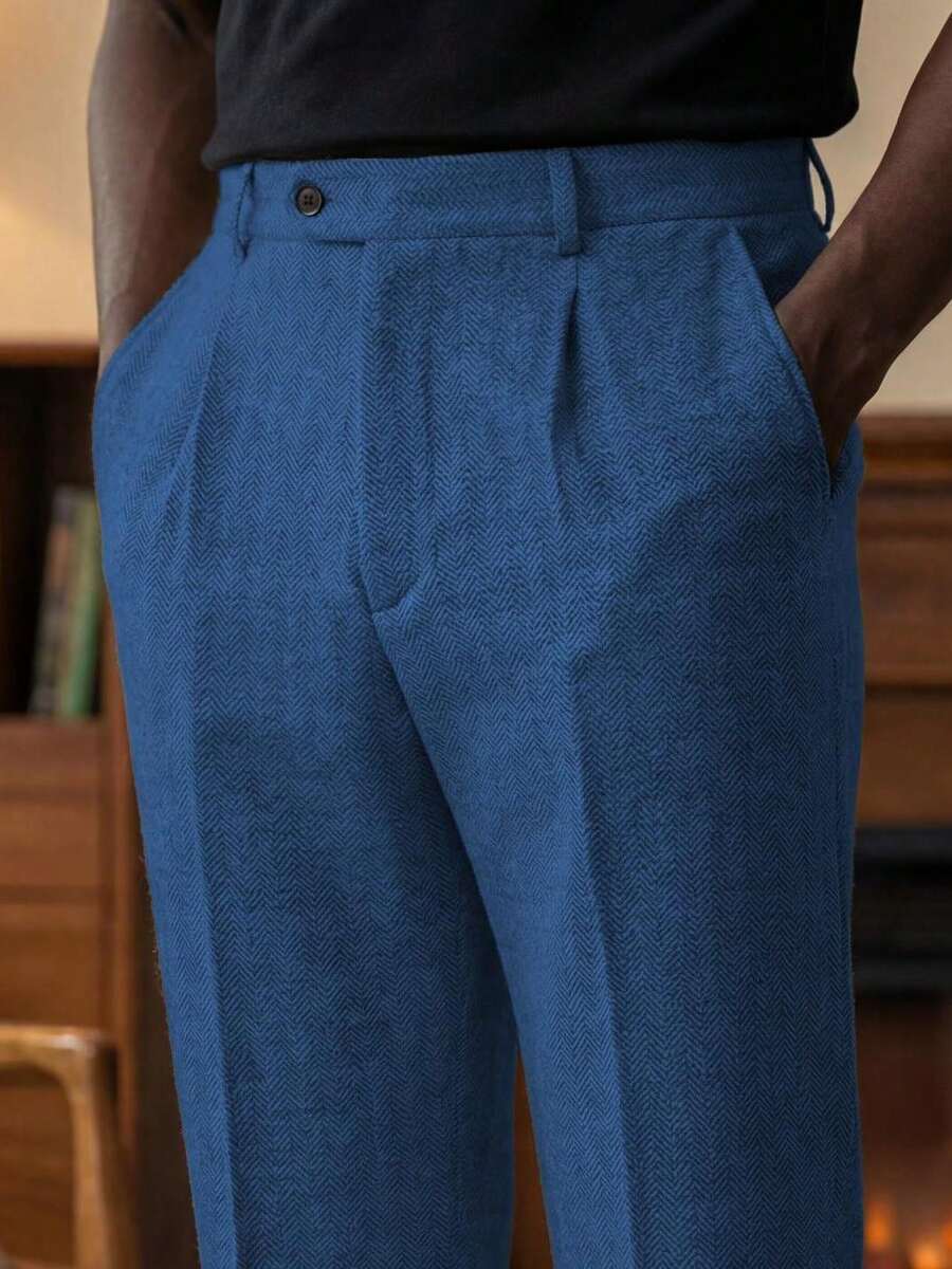 Mens Pants Tweed Herringbone Vintage Dress Pant Trousers Regular Fit Suit Pants For Men - 藍色 - 查看 1