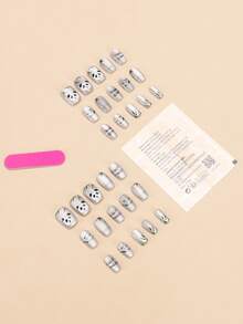 30pcs Nail Stickers, Short Square/Chinese Style Panda Pearl Print Nail Stickers, Enhance Elegance, Includes Jelly Gel And Adhesive Strips, Suitable For Layering, Reusable, Everyday Wear Nails Nail Supplies - Multicolor - View 3