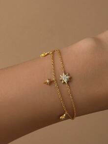 1件925纯银波西米亚几何元素八角星立方氧化锆手链，简约多层多功能设计，适合女性日常、约会、度假、婚礼、派对、节日等场合佩戴，可作礼物。 - 金色 - 查看 1