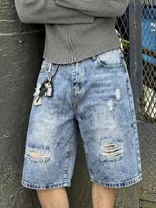 Boys' Fashionable Denim Shorts With Elastic Waistband And Distressed Design, Suitable For Summer Outdoor Activities - Medium Wash - View 3