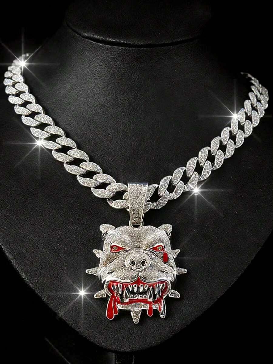 1pc Hip Hop Style Fully Rhinestoned Bulldog Pendant, Stylish And Men's Accessory, Suitable For Daily Wear