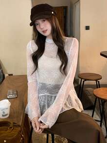 Áo thun lót trong suốt bằng ren, viền bèo nhún, cổ cao. - trắng - Xem 4