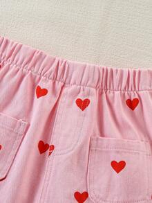 2pcs/Set Toddler Girls Outdoor Casual Sweet Girl Style Pink Heart Print Polo Collar Short Sleeve Top And All-Over Red Heart Playful Comfortable Cute Daily Wear Skirt Set - Pink - View 7