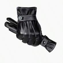 1 paire de gants en PU noir unicolore doublés thermiques pour femmes, gants sans doigts chauds pour le cyclisme et le ski en extérieur, style élastique et élégant - Noir - Voir 3