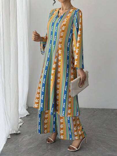 2pcs Women's Set, Floral Print V-Neck Long Sleeve Tunic Top + Elastic Waist Wide Leg Pants, Elegant Arabic Style Luxury Contrast Color Formal Outfit For Party, Holiday, Daily Wear
