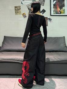 1件装女士复古美式街头风多扣刺绣阔腿牛仔裤，宽松舒适，时尚街头风，四季皆宜（不含腰带/配饰）休闲黑色春季款 - 黑色 - 查看 8