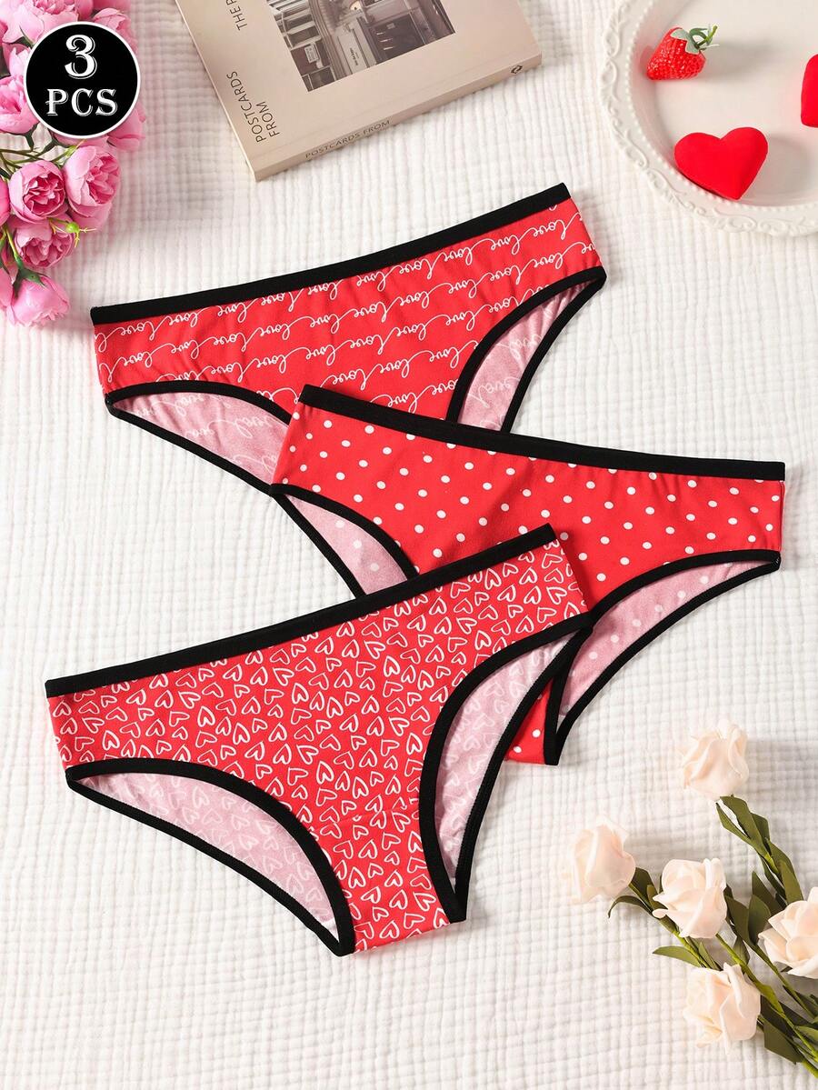 Paquete de 3 bragas de mujer de cintura baja con estampado de corazón, lunares y letras, transpirables y elásticas, adecuadas para el Día de San Valentín - Multicolor - Ver 1