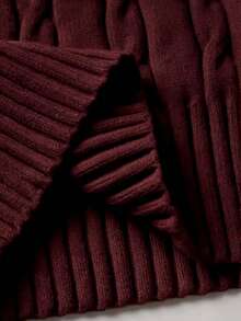 Women's Solid Color Cable Knit Loose Pullover Sweater - Burgundy - View 4