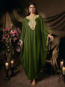 AmazingHoney Elegant Women's Olive Green Moroccan Style Abaya Robe, Gold Embroidery Batwing Sleeves, Loose Fit, Modest And Suitable For Ramadan, Eid, Weddings, Parties, Formal Occasions - Army Green - View 1