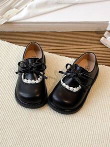 1双时尚儿童平底鞋，简约蝴蝶结设计，女童校园休闲皮鞋 - 黑色 - 查看 2