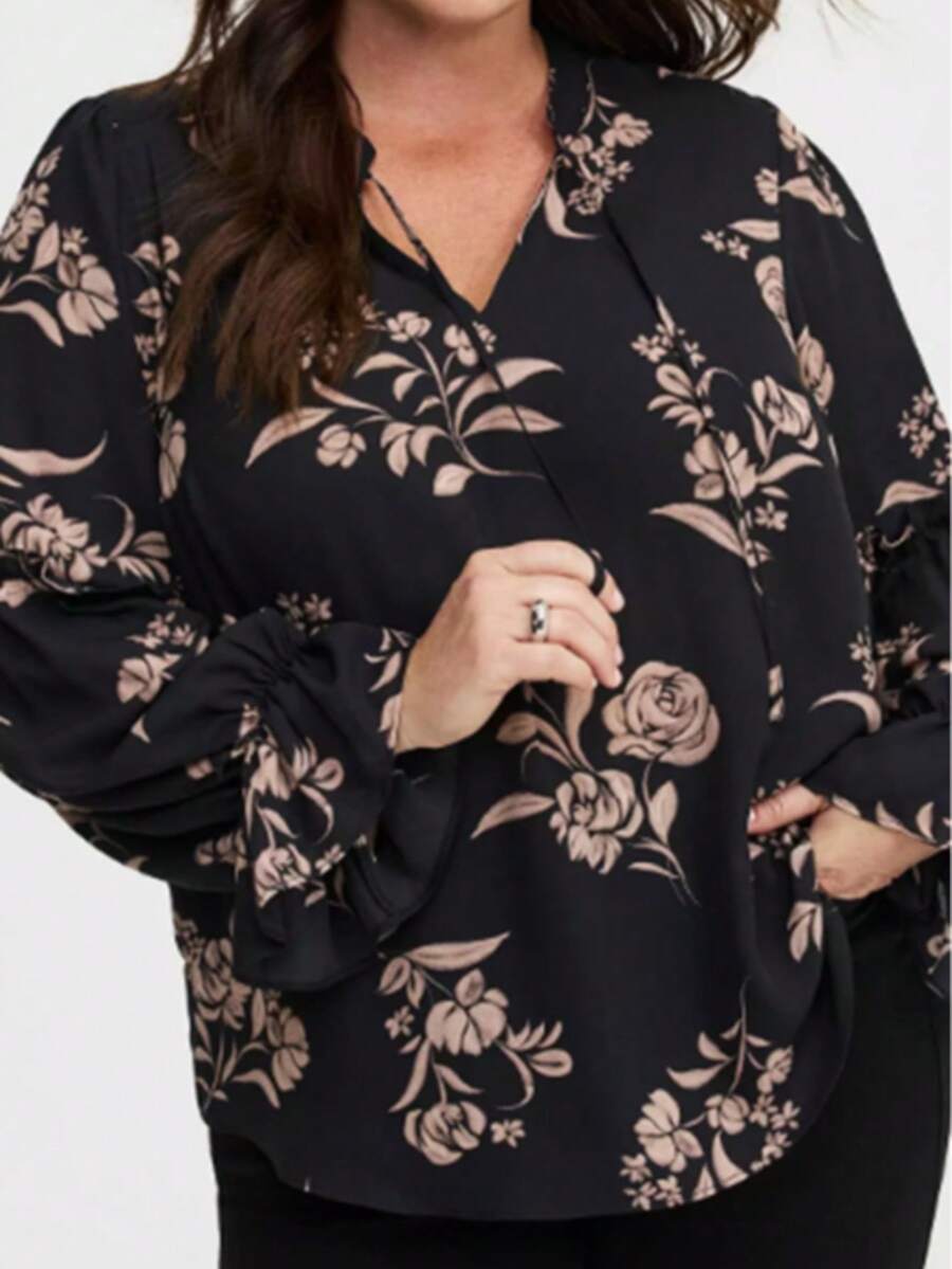 Blusas elegantes de talla grande para mujer con encaje, de manga larga, con estampado de primavera, manga con volantes, de corte holgado y casual - Negro - Ver 1